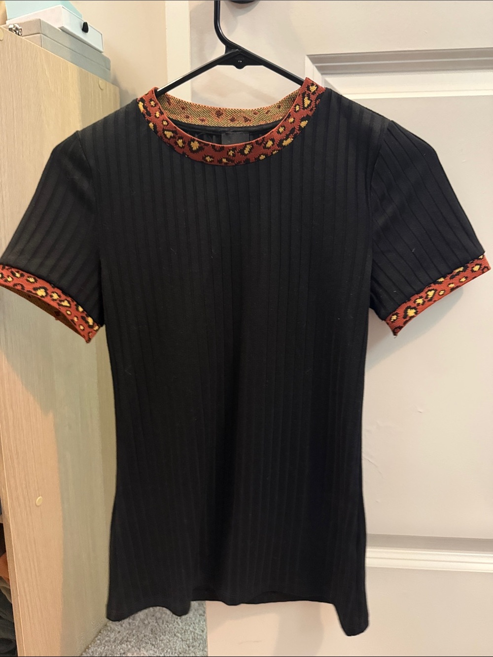River Island Black Leopard Trim Short Sleeve Fitted T-Shirt